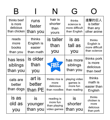 8th Grade U1 Grammar Bingo Card
