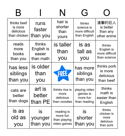 8th Grade U1 Grammar Bingo Card