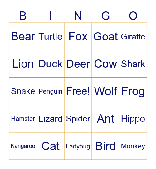 animal Bingo Card