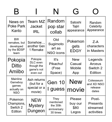 Pokemon Presents 2026 Bingo Card