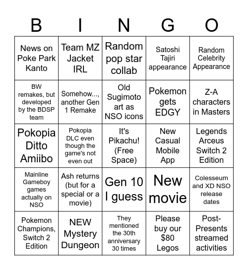 Pokemon Presents 2026 Bingo Card