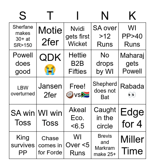 WI vs SA Super 8 Bingo Card
