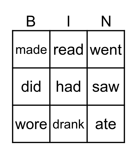 Irregular verbs  Bingo AS3 Bingo Card