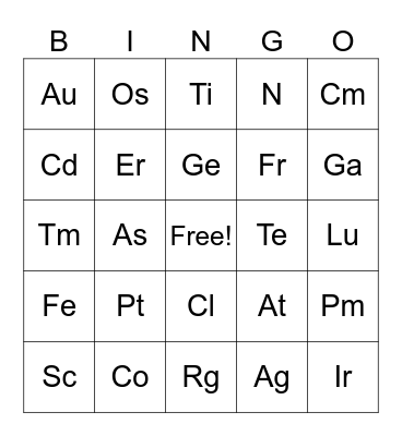 Periodic Table Bingo Card
