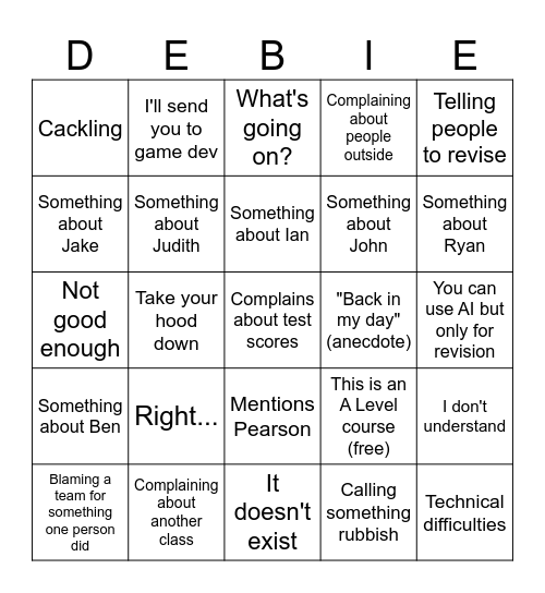 Debbie Bingo Card