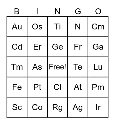 Periodic Table Bingo Card