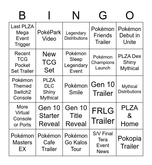 Pokemon Direct 2026 Bingo Card
