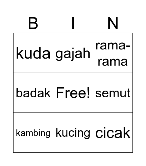 Haiwan-haiwan Bingo Card