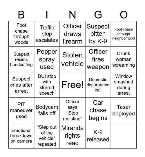 Cop Slop Bingo Card
