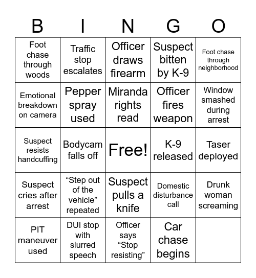 Cop Slop Bingo Card