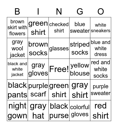 Clothes and colors Bingo Card