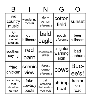 Southern Roadtrip Bingo Card