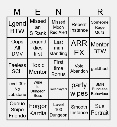 FFXIV Mentor Rouletti Bingo Card