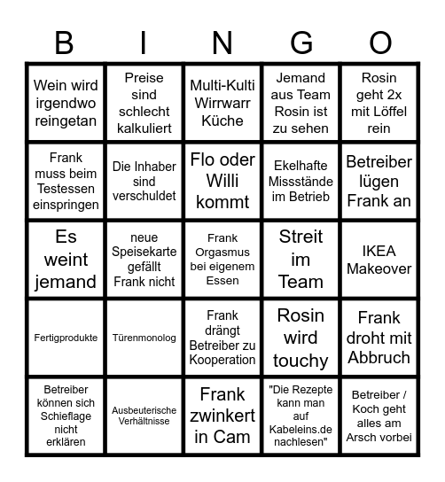 Rosins Restaurant Bingo Card