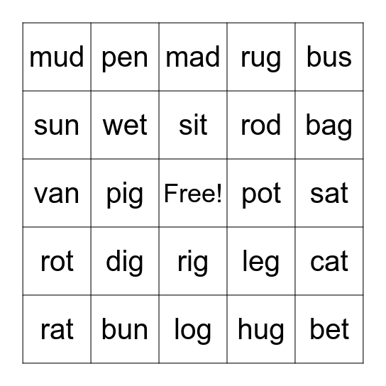 CVC WORDS Bingo Card