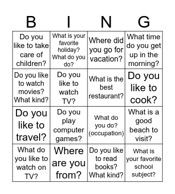 Getting to know you questions Bingo Card