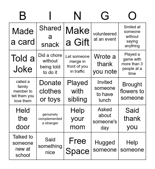 Acts of Kindness you've done this year Bingo Card