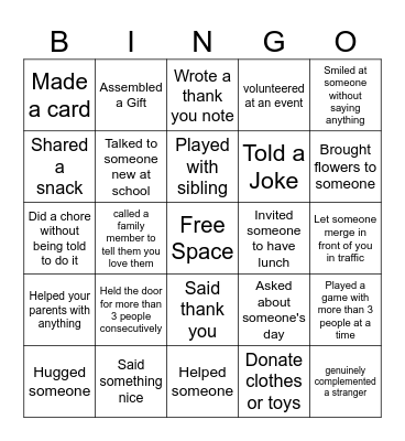 Acts of Kindness you've done this year Bingo Card