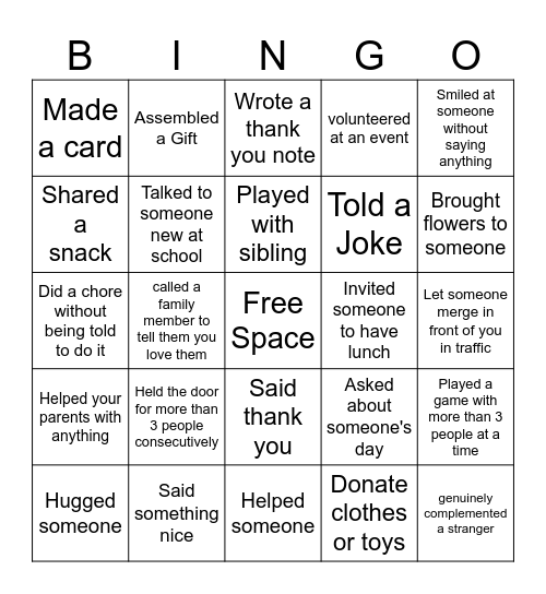 Acts of Kindness you've done this year Bingo Card