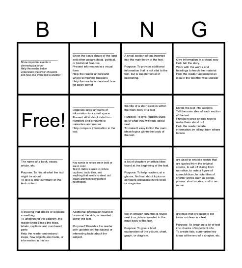 Text Features Bingo Notes Bingo Card