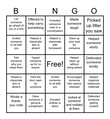 Random Acts of kindness you've done this year Bingo Card