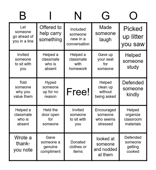 Random Acts of kindness you've done this year Bingo Card