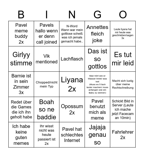 Pavel bingo Card