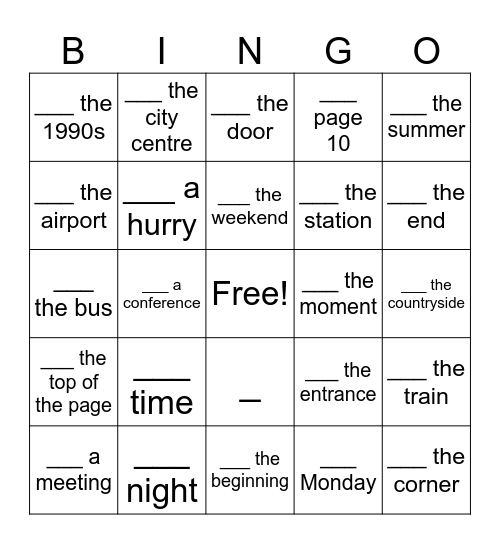 In, On, At - Card A Bingo Card