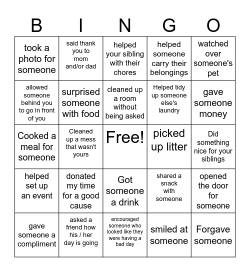 Random acts of Kindness that you've done this year Bingo Card