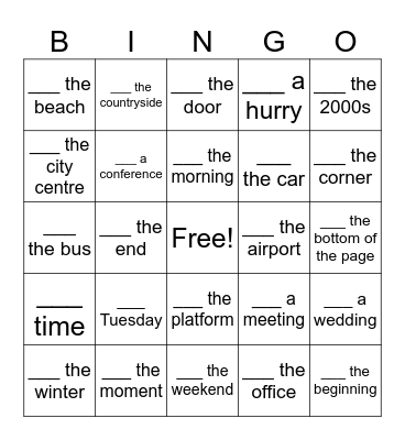 In, On, At - Card B Bingo Card
