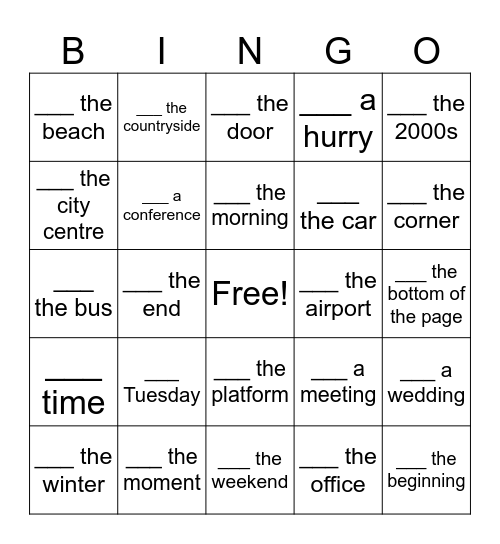 In, On, At - Card B Bingo Card
