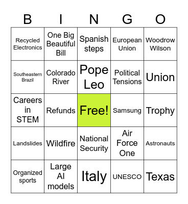 Current Events Bingo 2.27.26 Bingo Card