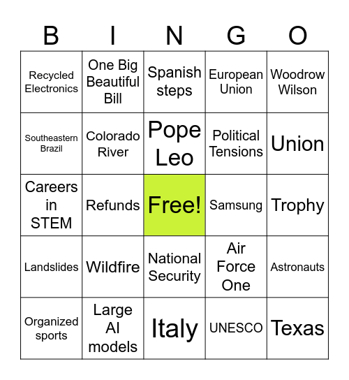 Current Events Bingo 2.27.26 Bingo Card