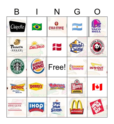 iCare Fast Food Bingo Card