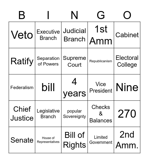 Unit 6 Constitution Bingo Card