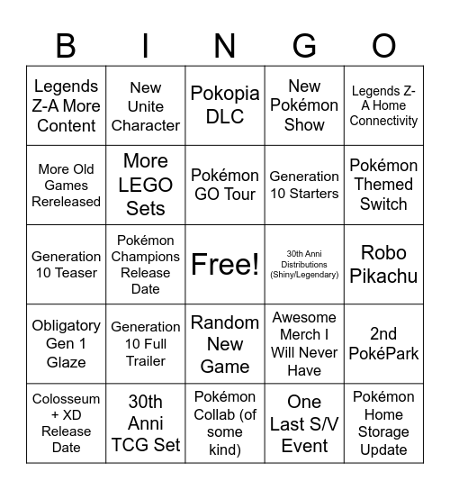Pokémon Presents Predictions Bingo Card