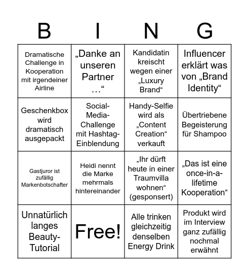 Top Model Produktplatzierungsspecial Bingo Card