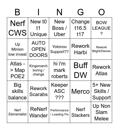 MIrage 3.28 Bingo Card
