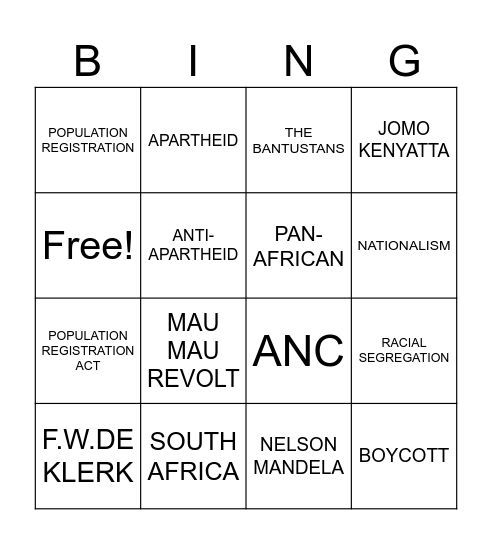 MR. TERRY'S BINGO: APARTHEID IN SOUTH AFRICA Bingo Card