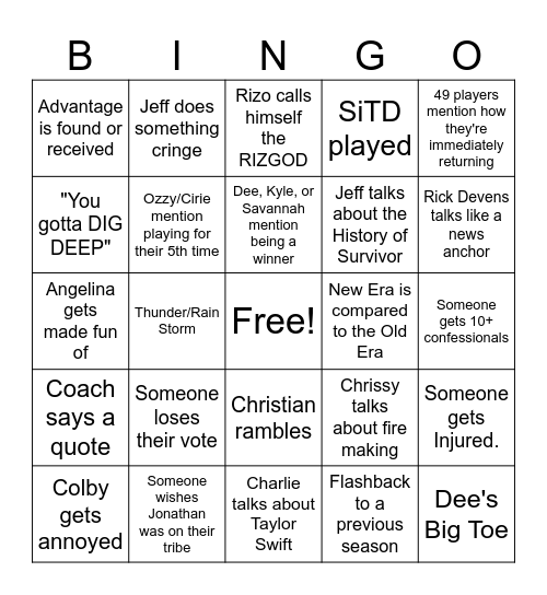 SURVIVOR 50 PREMIERE Bingo Card