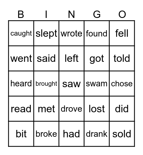 Verb Tense Bingo Card