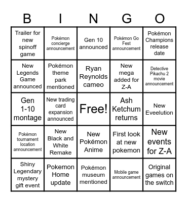 Pokemon Presents Bingo Card