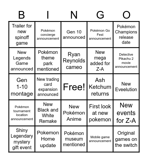 Pokemon Presents Bingo Card