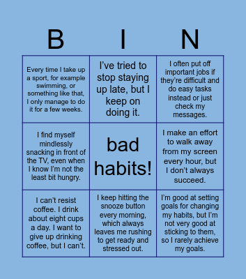bad habits Bingo Card
