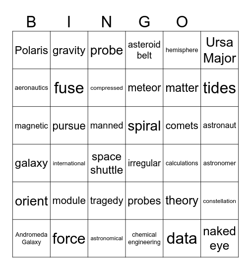 3rd Grade U7 "Astronomy" Bingo Card