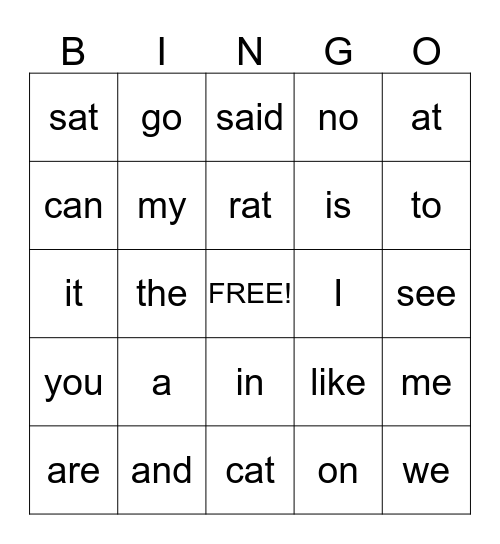 Sight Word Bingo Card