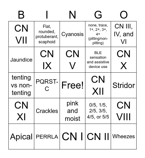 Health Assessment Bingo #2 Bingo Card