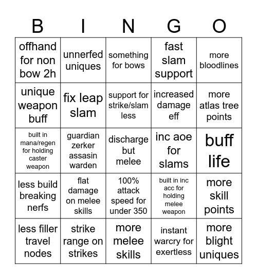 wishlist Bingo Card