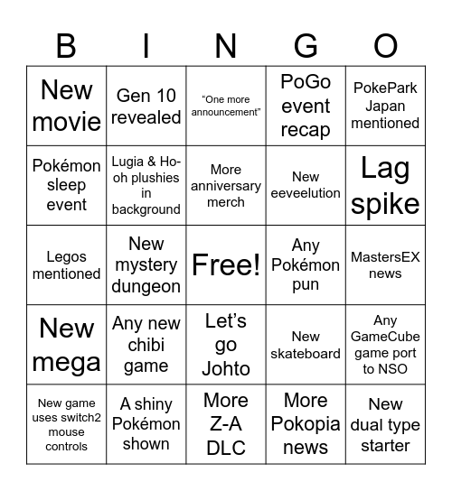 2/27 Pokémon Presents Bingo Card