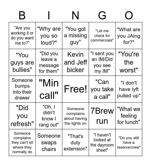 Crew Scheduling Bingo Card